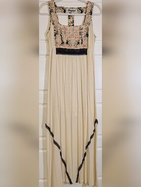 Boho Meghan LA Cream Maxi Dress with Black Trim and Embroidered Bodice